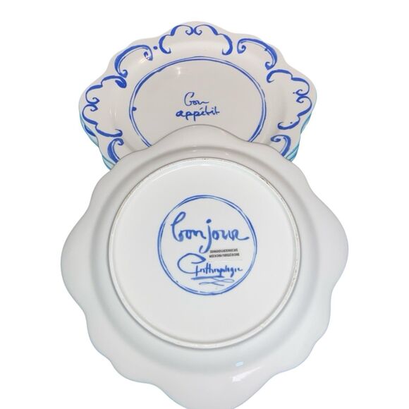 Anthropologie Bonjour “Bon Appétit” Dinner Plates – Set of 4 Blue & White 10.5” - Picture 3 of 4